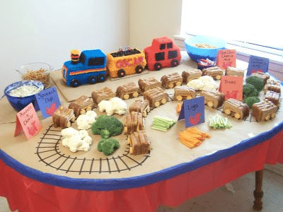 A vintage train-themed birthday party food A vintage train-themed birthday party food