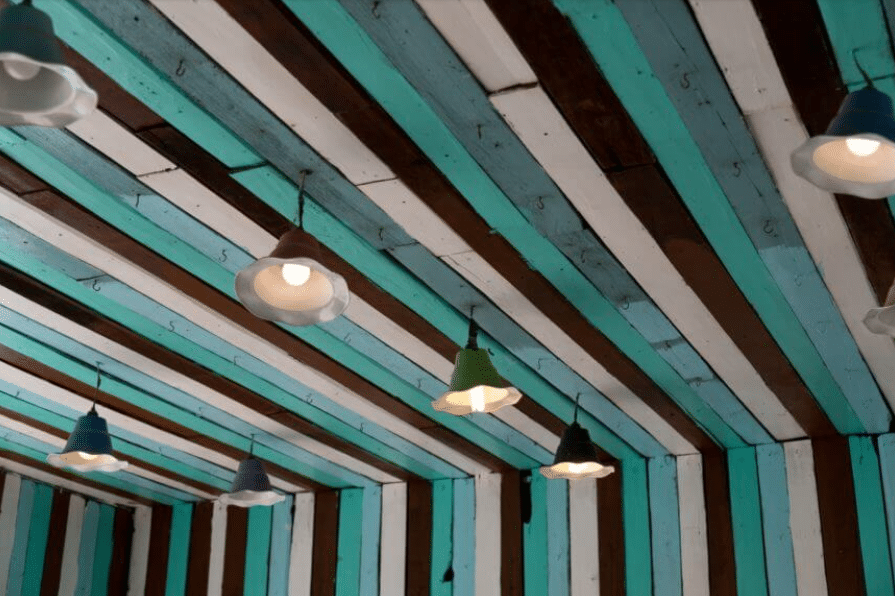 Painted wooden plank ceiling